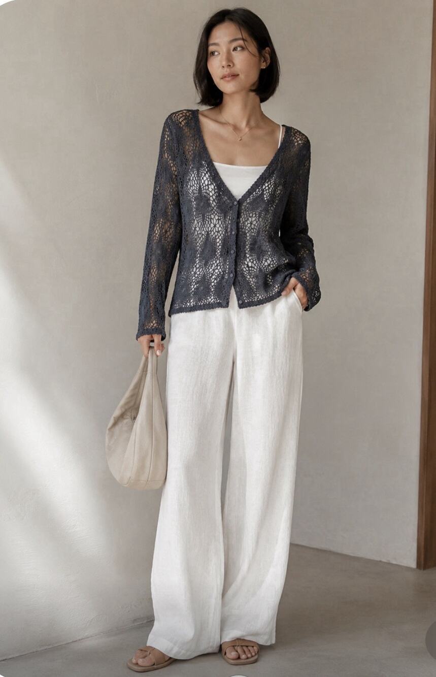 Principles Womens M Crochet Cardigan Bluish Gray Open Knit Boho Y2K Whimsy READ